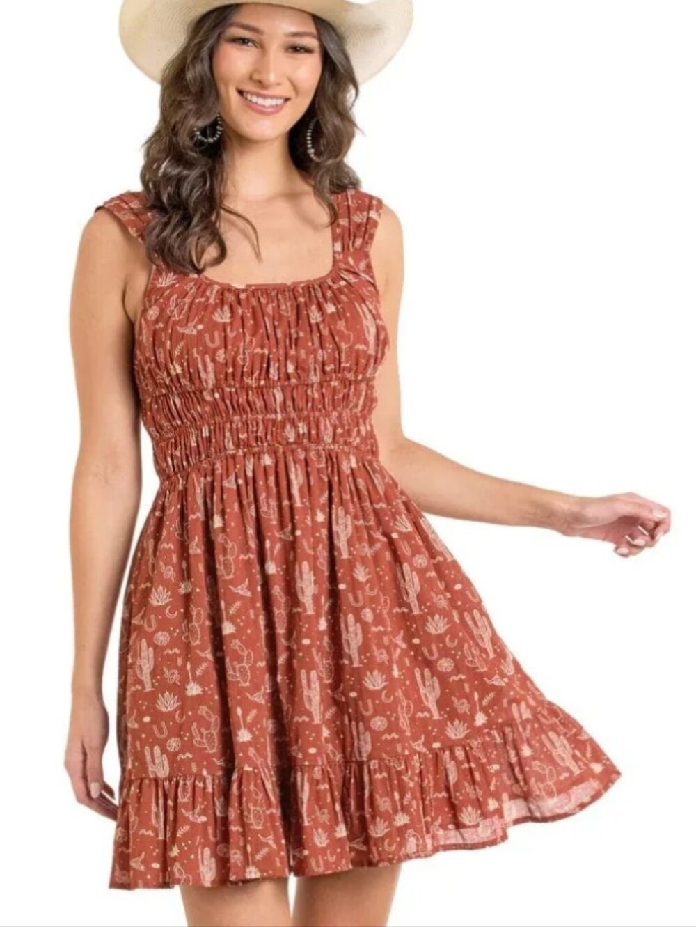 Rust Printed Smocked Mini Dress with Ruffle Hem